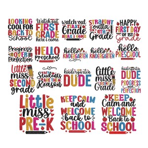 Może przedstawiać: Kolekcja kolorowych grafik o tematyce szkolnej z napisami takimi jak Looking Cool For Back To School, First Grade, Hello Preschool, Kindergarten Dude, Little Miss Second Grade oraz Keep Calm And Welcome Back To School.