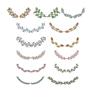 May include: A selection of hand-drawn botanical illustrations in a semi-circular arrangement. The designs showcase leaves, berries, and flowers in green, brown, pink, and purple hues. Ideal for decorative purposes, these illustrations are detailed and colourful.