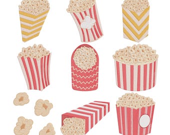 Paquete de diseños de bordado "Palomitas de maíz para una noche de cine", archivo de bordado a máquina "Comida de cine", descarga instantánea, 9 tamaños.