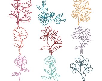 Paquete de diseños de bordado de arte lineal floral, archivo de bordado a máquina de boceto botánico floral minimalista, descarga instantánea, 7 tamaños