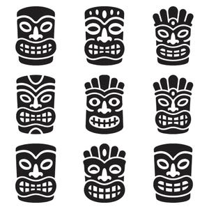 May include: A collection of nine black and white graphic icons depicting various tiki masks. Each mask features distinct facial expressions, including wide eyes, prominent noses, and bared teeth, arranged in a three-by-three grid pattern.