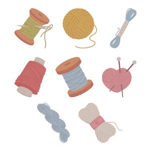 May include: An illustration of various sewing and knitting supplies. The image features spools of thread in green, red, and blue, along with a ball of yellow yarn, a bundle of blue thread, and a heart-shaped ball of pink yarn with knitting needles.