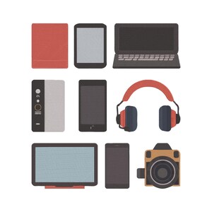 以下が含まれることがあります： 赤い本、タブレット、ラップトップ、スピーカー、電子書籍リーダー、ヘッドフォン、モニター、スマートフォン、カメラなど、さまざまな電子機器のイラスト。 デバイスは、テクスチャ加工された表面を持つフラットデザインスタイルです。