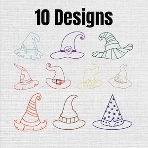 May include: A digital graphic featuring the text 10 Designs at the top, followed by ten distinct line art illustrations of witch hats in various colours, including blue, purple, green, red, yellow, and brown, arranged in a grid pattern.