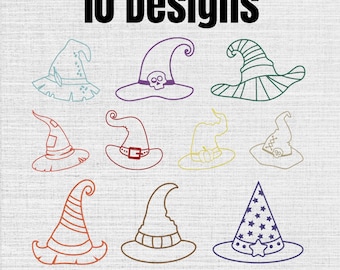Conjunto de 10 diseños de bordado a máquina con contorno de sombrero de bruja, descarga digital instantánea, 7 tamaños.