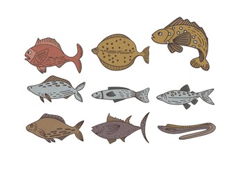 Paquete de diseños de bordado de vida marina con peces, archivo de bordado a máquina de peces oceánicos realistas, descarga instantánea, 5 tamaños.