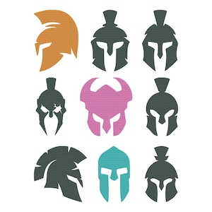 May include: Nine stylized illustrations of Spartan helmets in various colors, including orange, teal, pink, and dark green. The helmets feature distinct designs, with some showing cracks or unique shapes, suitable for graphic design or historical themes.