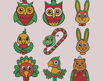Archivos de bordado a máquina de animales navideños: búho, conejo, pavo, loro, serpiente (juego de 9) PES DST