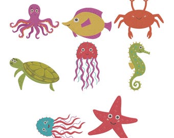 Paquete de diseños de bordado de animales marinos y criaturas del océano, archivo de bordado a máquina de vida marina (pulpo, pez, cangrejo), descarga instantánea, 5 tamaños.