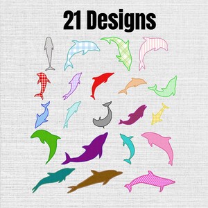 Może przedstawiać: Kolekcja 21 Designs przedstawiająca różne sylwetki delfinów w rozmaitych kolorach i wzorach, w tym jednolite czerwone, fioletowe, zielone, niebieskie i szare, wraz z teksturami w kratkę, w paski i wzorzystymi, ułożonymi w układzie siatki.