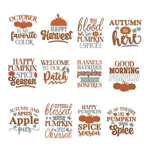 Stickmuster „Kürbisgewürz“, herbstliche Typografie, Schriftzug „Herbst“, Kürbis für Thanksgiving, Sofortiger digitaler Download