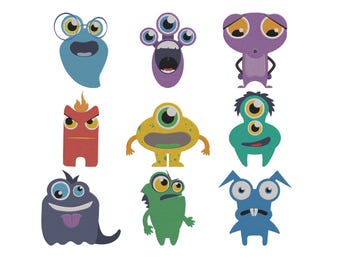 Paquete de diseños de bordado de monstruos divertidos, archivo de bordado a máquina de monstruos de dibujos animados para niños, descarga instantánea, 5 tamaños