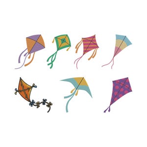 Può includere: Una collezione di sette aquiloni colorati in varie forme e design. Gli aquiloni presentano una gamma di colori, tra cui arancione, viola, verde, rosa e blu, con motivi decorativi e code fluenti. Ogni aquilone è unico, offrendo un'estetica giocosa.