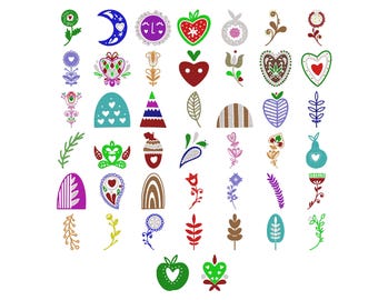Folk Art Flower Machine Embroidery Design, Scandinavian Motif Embroidery, Heart Leaf Embroidery, Instant Digital Download