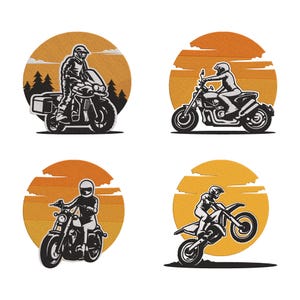 Puede incluir: Cuatro parches con temática de motocicletas. Cada parche presenta a un motociclista montando un estilo diferente de motocicleta. Los fondos son círculos naranjas con un diseño de puesta o salida de sol. Los parches son en blanco y negro.