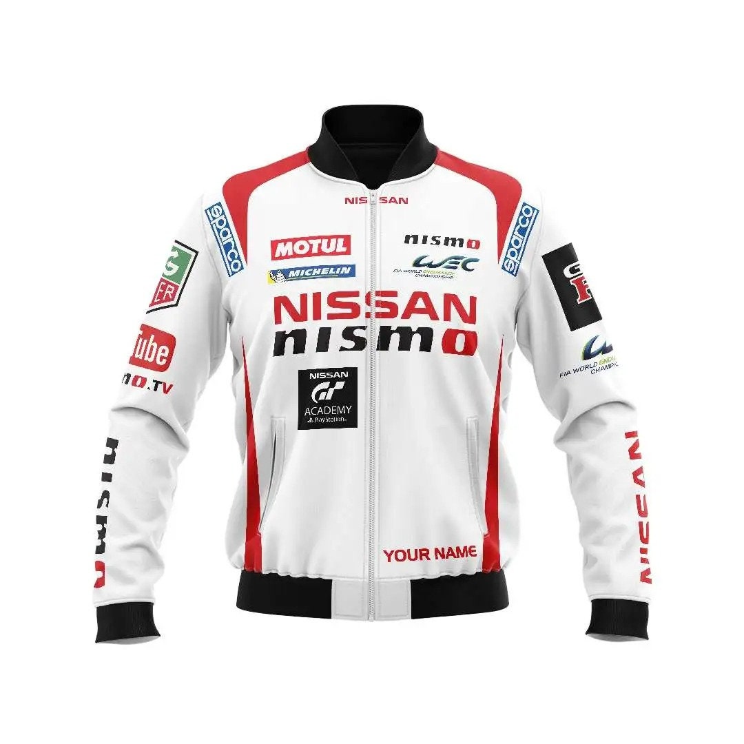 Personalized White Nissan Nismo Bomber Jacket 3D Racing Style F1, Custom Nismo 3D Hoodie Shirt