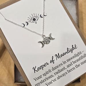 Triple Moon Goddess Pentagram Necklace, Keeper of Moonlight Necklace Jewelry