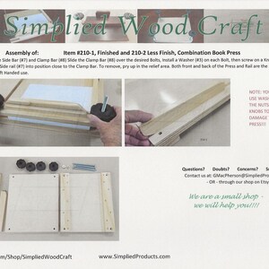 May include: An instructional assembly sheet for a wooden book press, labeled Simplified Wood Craft, Item #210-1 and 210-2. The document includes photographs showing the assembly of wooden boards, metal bolts, washers, and black knobs for the press.