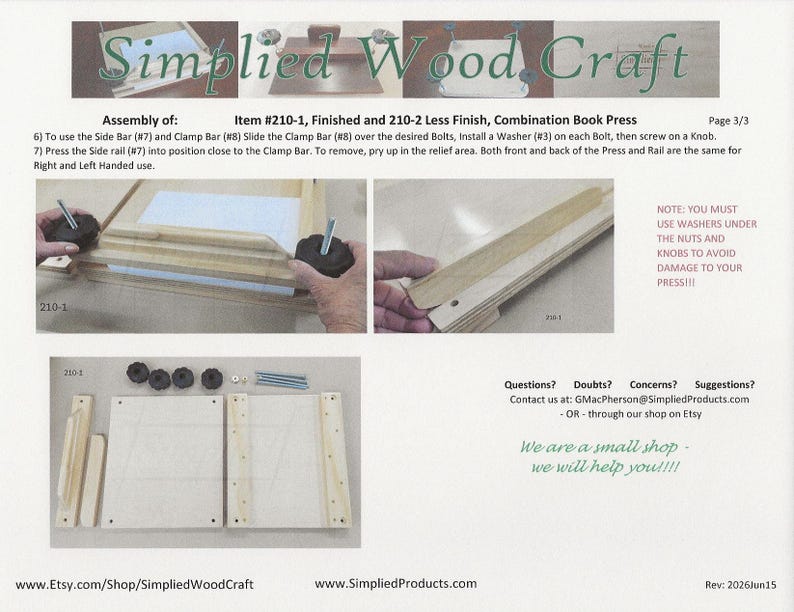 May include: An instructional assembly sheet for a wooden book press, labeled Simplified Wood Craft, Item #210-1 and 210-2. The document includes photographs showing the assembly of wooden boards, metal bolts, washers, and black knobs for the press.