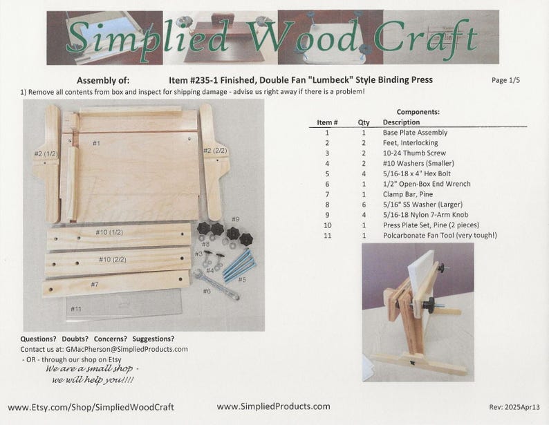 May include: A diagram showing the assembly of a double fan "Lumbeck" style binding press. The press is made of wood and includes a base plate, feet, screws, washers, bolts, a wrench, a clamp bar, a washer, a knob, a press plate set, and a polycarbonate fan tool. The diagram includes part numbers and quantities for each component.