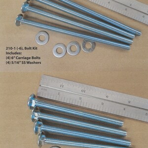 May include: Two sets of silver-colored metal hardware kits. The top set includes four 6-inch carriage bolts and four 5/16-inch stainless steel washers. The bottom set includes four 4-inch carriage bolts and four 5/16-inch stainless steel washers.
