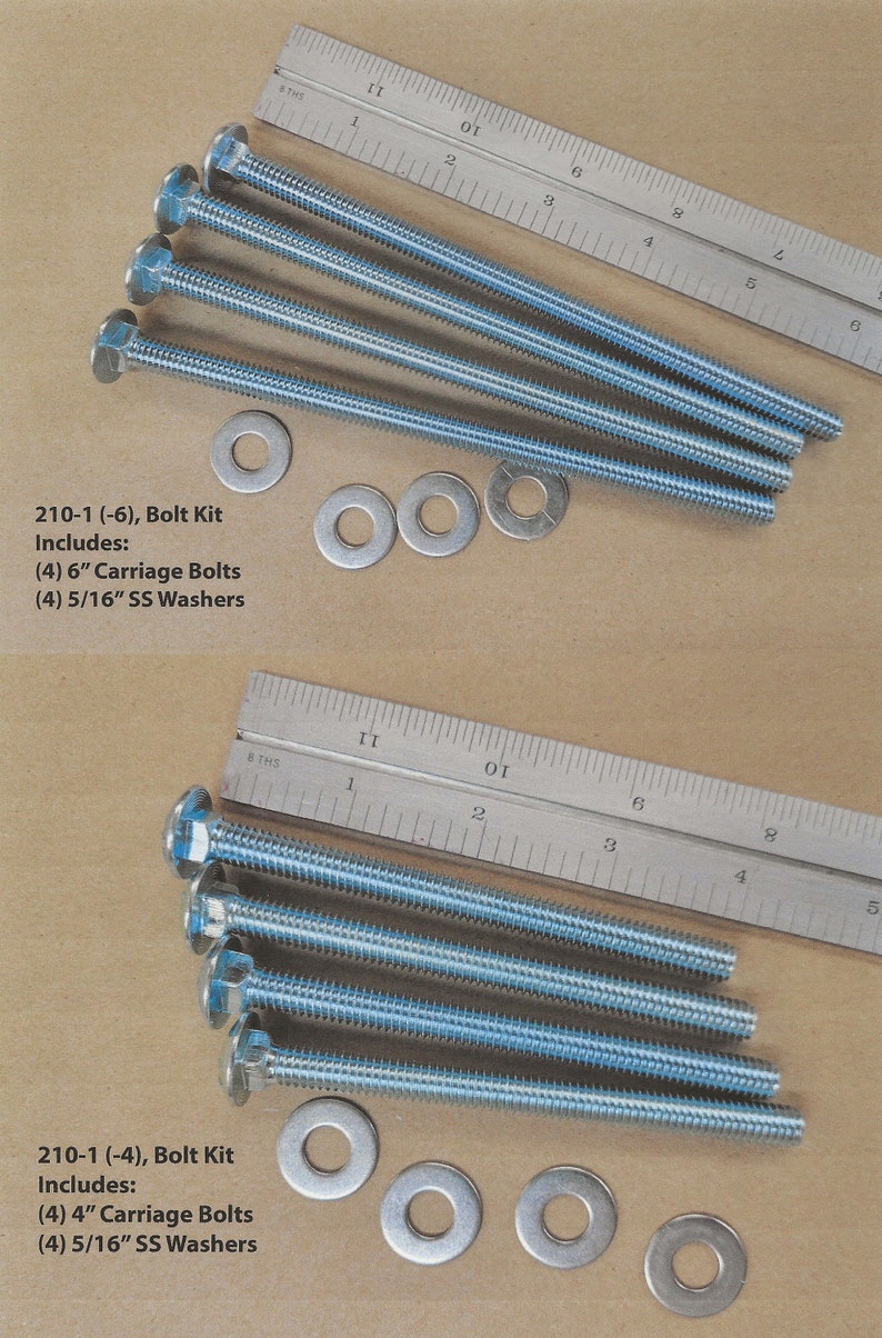 May include: Two sets of silver-colored metal hardware kits. The top set includes four 6-inch carriage bolts and four 5/16-inch stainless steel washers. The bottom set includes four 4-inch carriage bolts and four 5/16-inch stainless steel washers.