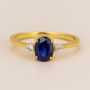 14K Gold Blue Sapphire Solitaire Ring with Moissanite Accents Engagement Wedding Ring For her