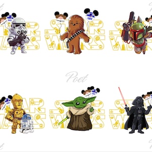May include: Six Star Wars character illustrations, including a Stormtrooper, Chewbacca, Boba Fett, C-3PO, Yoda, and Darth Vader. Each character holds a balloon with a Mickey Mouse design. The Star Wars logo is in the background.