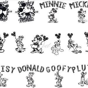 Puede incluir: Ilustraciones en blanco y negro de personajes de Disney, incluyendo Mickey Mouse, Minnie Mouse, Donald Duck, Daisy Duck, Goofy y Pluto. La imagen presenta los nombres de los personajes en una fuente esbozada.