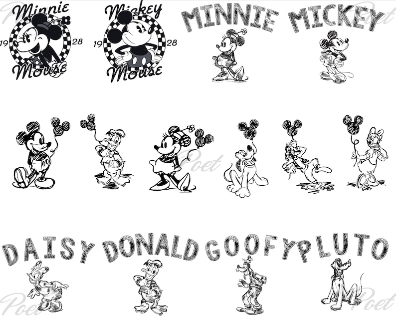 K&ouml;nnte beinhalten: Schwarz-Wei&szlig;-Illustrationen von Disney-Charakteren, darunter Micky Maus, Minnie Maus, Donald Duck, Daisy Duck, Goofy und Pluto. Das Bild zeigt die Namen der Charaktere in einer skizzierten Schriftart.