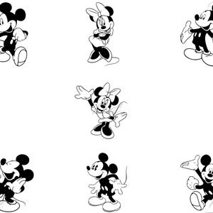 Puede incluir: Ilustraciones en blanco y negro de Mickey y Minnie Mouse en varias poses. Mickey se muestra caminando, saludando y sonriendo. Minnie se muestra con un lazo, saludando y en una pose de baile. Las im&aacute;genes son de estilo caricatura.