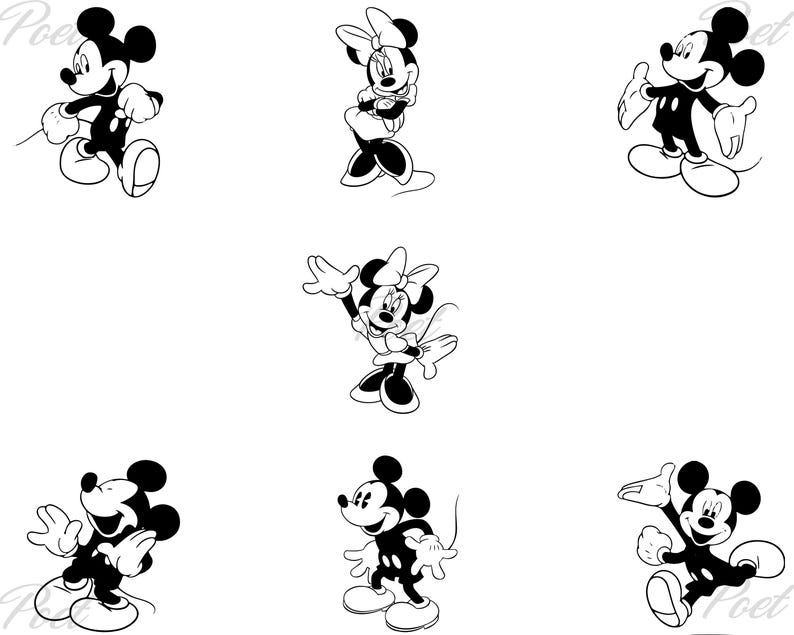 Puede incluir: Ilustraciones en blanco y negro de Mickey y Minnie Mouse en varias poses. Mickey se muestra caminando, saludando y sonriendo. Minnie se muestra con un lazo, saludando y en una pose de baile. Las im&aacute;genes son de estilo caricatura.