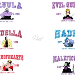 K&ouml;nnte beinhalten: Sechs Designs mit Disney-B&ouml;sewichten: Ursula, Evil Queen, Cruella, Hades, Queen of Hearts und Maleficent. Jedes Design enth&auml;lt den Namen der Figur, den Text "EST.", das Jahr und "DISNEY VILLAINS" in einer Schriftart im College-Stil.