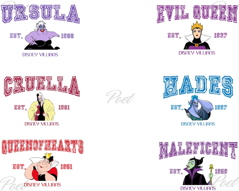 K&ouml;nnte beinhalten: Sechs Designs mit Disney-B&ouml;sewichten: Ursula, Evil Queen, Cruella, Hades, Queen of Hearts und Maleficent. Jedes Design enth&auml;lt den Namen der Figur, den Text "EST.", das Jahr und "DISNEY VILLAINS" in einer Schriftart im College-Stil.