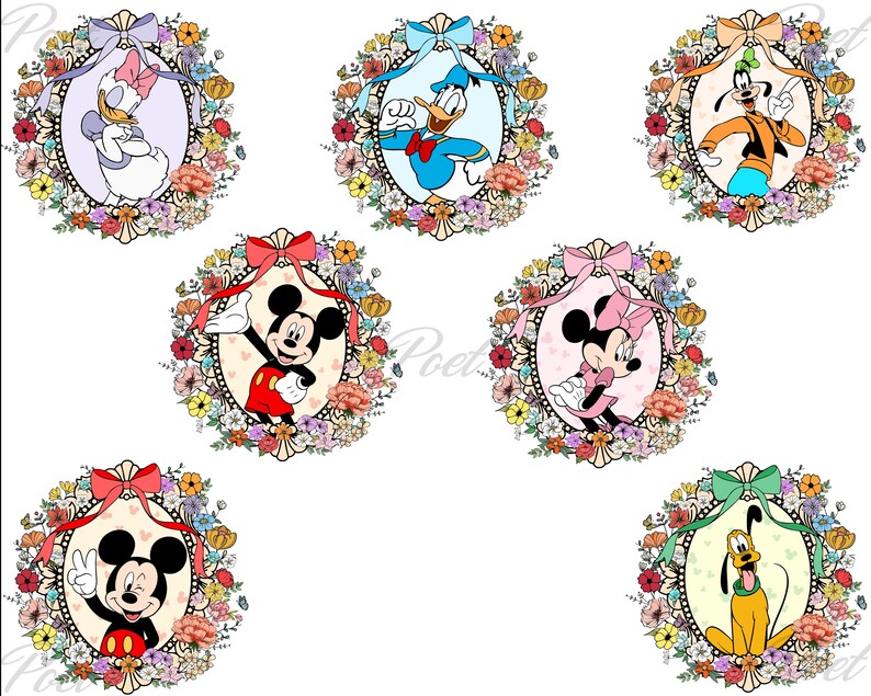 K&ouml;nnte beinhalten: Sieben Disney-Charakterportr&auml;ts in ovalen Rahmen, jeweils umgeben von einem Blumenkranz und einer dekorativen Schleife. Zu den Charakteren geh&ouml;ren Daisy Duck, Donald Duck, Goofy, Mickey Mouse, Minnie Mouse und Pluto.