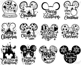 Mickey and Minnie Mouse Christmas PNG SVG: Black and White Digital Download