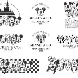 May include: Black and white illustrations featuring Mickey Mouse and friends. Various designs include the characters with text that reads "Mickey & Co. Est. 1928" and "Minnie & Co. Main Street, USA 1928".