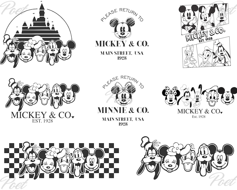 May include: Black and white illustrations featuring Mickey Mouse and friends. Various designs include the characters with text that reads "Mickey & Co. Est. 1928" and "Minnie & Co. Main Street, USA 1928".
