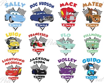 Rayo McQueen (Png), Sally-Fillmore-Guido-Mack-Mater, Paquete de imágenes prediseñadas de Cars, Camiseta, Pastel, Adorno, Cumpleaños, Descarga digital (Png)