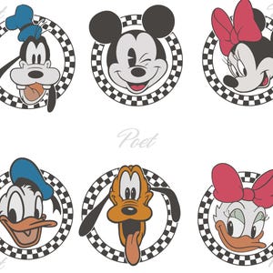 May include: Six cartoon character portraits, including Mickey Mouse, Minnie Mouse, Goofy, Donald Duck, Pluto, and Daisy Duck, each set within a black and white checkered circle. The characters are in color.