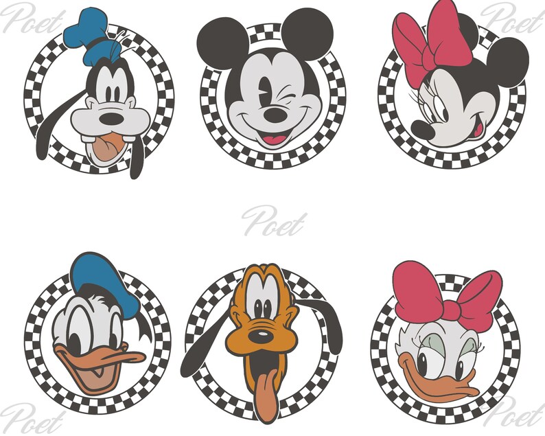 May include: Six cartoon character portraits, including Mickey Mouse, Minnie Mouse, Goofy, Donald Duck, Pluto, and Daisy Duck, each set within a black and white checkered circle. The characters are in color.