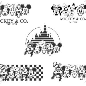 May include: Black and white illustrations featuring Mickey Mouse, Minnie Mouse, Donald Duck, Goofy, and Pluto. The text "MICKEY & CO. EST. 1928" appears in two designs. One design includes a castle silhouette. Another design has a checkered border.