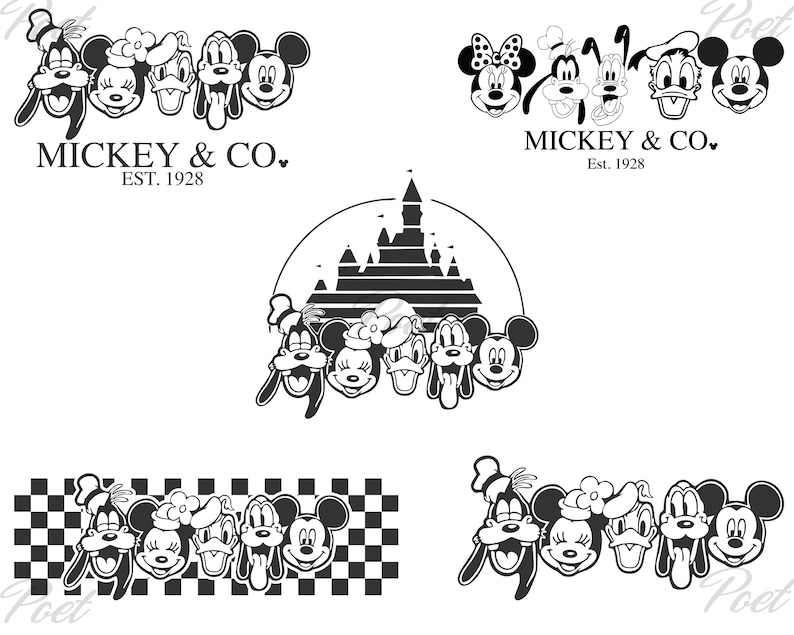 May include: Black and white illustrations featuring Mickey Mouse, Minnie Mouse, Donald Duck, Goofy, and Pluto. The text "MICKEY & CO. EST. 1928" appears in two designs. One design includes a castle silhouette. Another design has a checkered border.