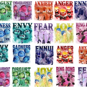 May include: A set of vibrant graphic designs showcasing characters from the film "Inside Out." Each design represents an emotion, with labels including "Disgust," "Embarrassment," and "Joy."