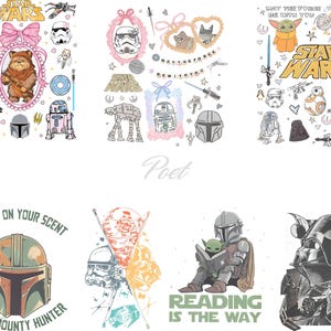 May include: A collection of Star Wars themed illustrations. The images include characters like Yoda, Darth Vader, and the Mandalorian, along with quotes such as "May the Force Be With You" and "Reading is the Way."