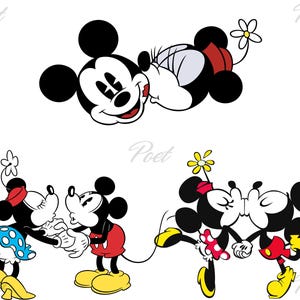 May include: A cartoon illustration of Mickey Mouse and Minnie Mouse. Mickey is depicted in different poses, including lying down and holding a flower. Minnie is shown wearing a red bow and a blue polka dot skirt. The background is white.