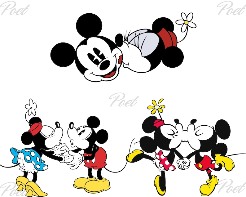May include: A cartoon illustration of Mickey Mouse and Minnie Mouse. Mickey is depicted in different poses, including lying down and holding a flower. Minnie is shown wearing a red bow and a blue polka dot skirt. The background is white.