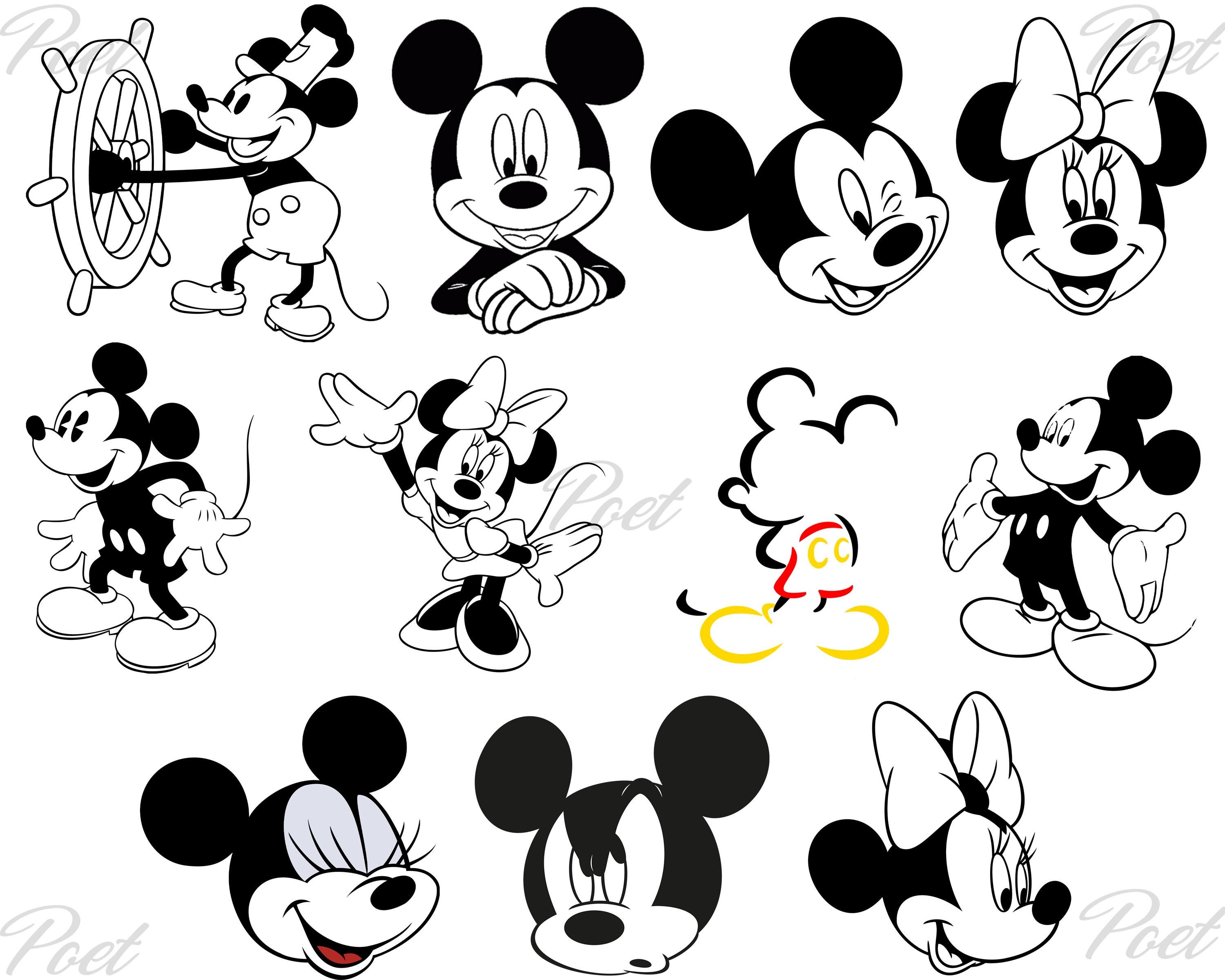 ミッキーマウスとミニーマウスのPNG SVG：白黒クリップアート