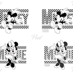 May include: Black and white graphic featuring Mickey Mouse and Minnie Mouse. The word "MICKEY" is displayed in bold letters with a checkered background. The year "1928" is below the characters. The image is a cartoon style.