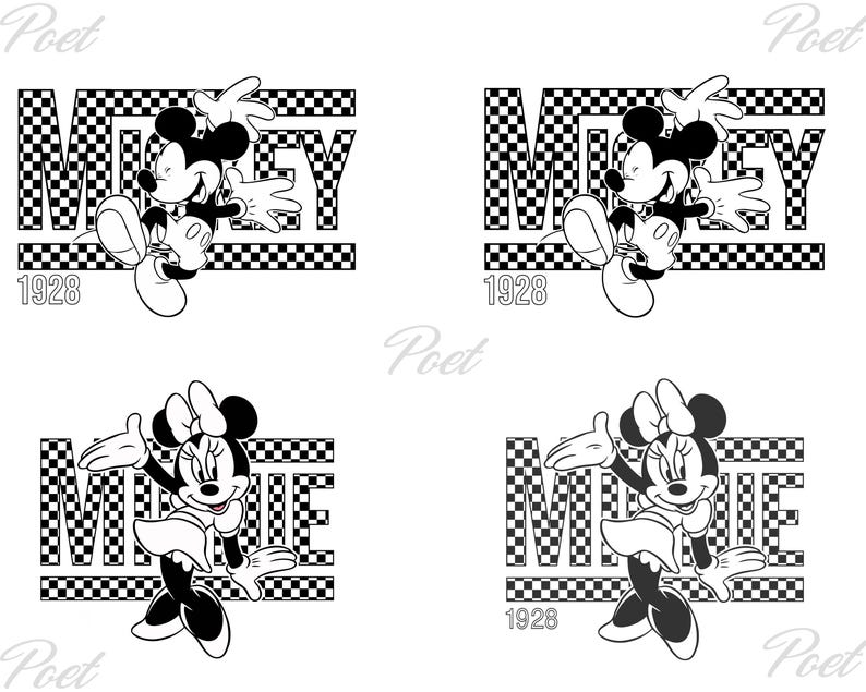 May include: Black and white graphic featuring Mickey Mouse and Minnie Mouse. The word "MICKEY" is displayed in bold letters with a checkered background. The year "1928" is below the characters. The image is a cartoon style.